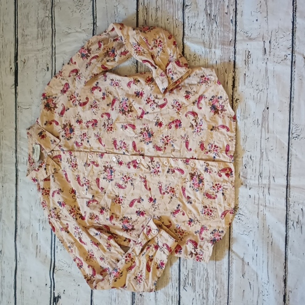 Lemon Grass Tan Red Paisley Floral Print Embroidered Long Sleeve Button up L